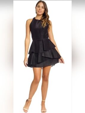 Alex Perry Black Natalie Glitter Halter Ruffle Mini Sm/US4